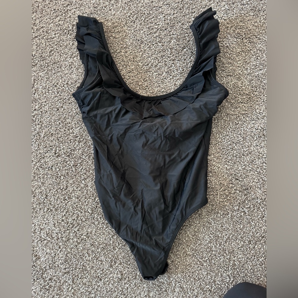 Black ruffle trim one piece swimsuit sugar coast lolli swim